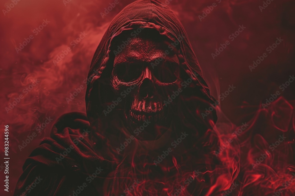 Poster a person wearing a hooded jacket with a skull design on their face, ideal for use in dark or mysteri