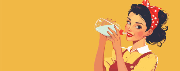 Cute pin-up babysitter in retro clothes, holding a baby bottle, flat, vector illustration, pin-up style.