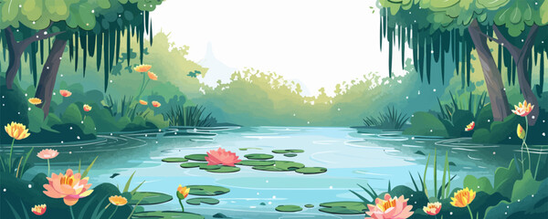 A tranquil pond surrounded by weeping willow trees and colorful water lilies. Vector flat minimalistic isolated illustration.
