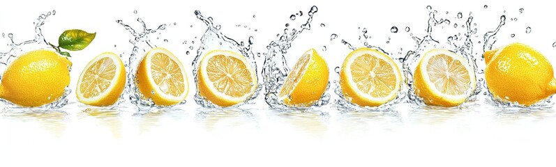 Create multiple images of lemons and water splashes, with each lemon cut into...