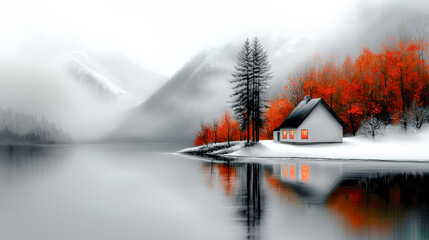 Nordic Winter Wonderland in the Mist A Serene Oil Painting Depicting a Snow-Covered Cottage Bare Trees  and a Lamp Post Shrouded in Fog Capturing the Tranquility of a Quiet Winter Day