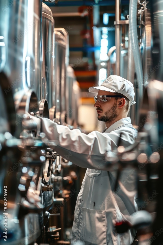 Poster a person standing in front of machinery in a factory setting, potentially in an industrial or manufa
