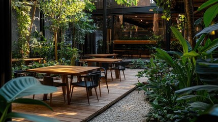 A tranquil outdoor coworking space surrounded by nature, with rustic wooden tables, comfortable chairs, and leafy plants, creating a quiet, peaceful setting with no people visible.