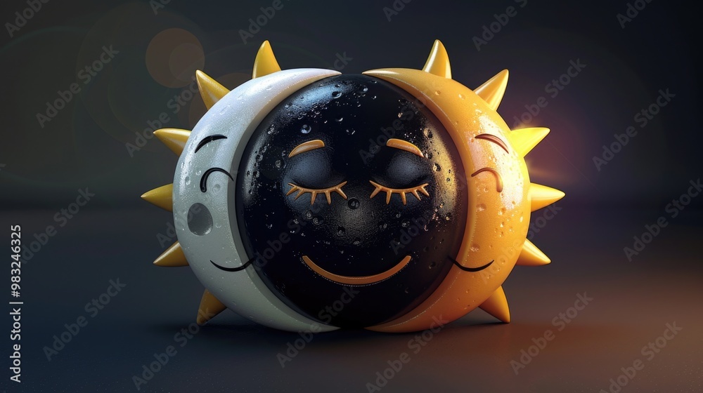Poster a cheerful sun clock with a smiley face on a bright yellow and black background, perfect for adding 