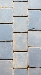 Fototapeta premium A close-up view highlights grey pavers intricately laid in a herringbone pattern, emphasizing the dense arrangement and texture of land resources