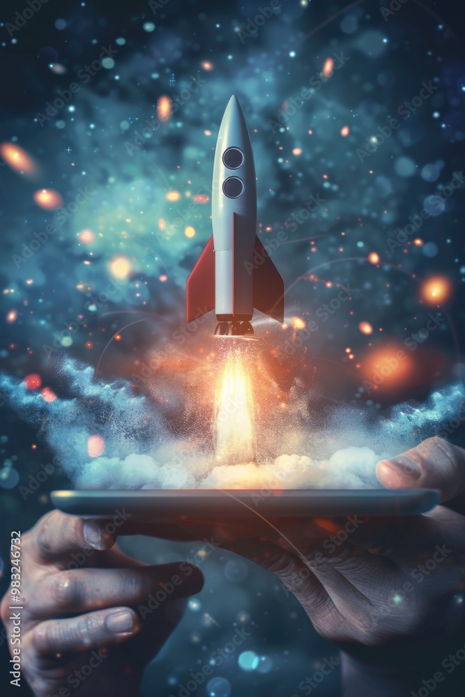 Poster a person holds a tablet computer as a rocket blasts off from the screen