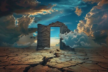 Pathway along a dry, cracked desert land, going to a opened door to another better and colorful world