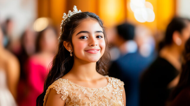 A 15th Birthday Celebration with a young girl wearing a beautiful gown, surrounded by family and friends in a grand hall. The event features a religious ceremony followed by a rece