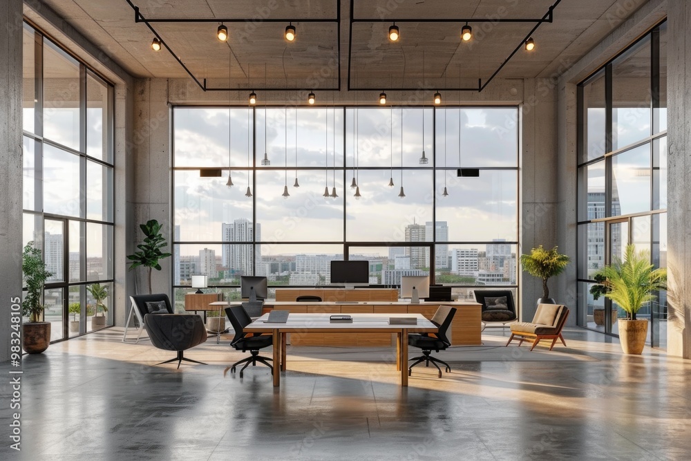 Poster a large office with multiple desks and chairs, suitable for corporate or business use