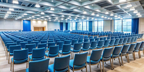 Fototapeta premium Empty conference hall with blue chairs Rear view