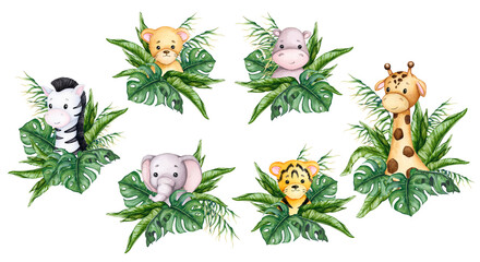Fototapeta premium Cute African Animals: Tiger, Hippo, Giraffe, Elephant, Lion, Zebra. Watercolor composition set for birthday, gender party, baby shower, kids party. Illustration for poster, invitation, greeting card.