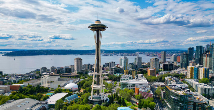 Modern Seattle district. Architecture of aerial Space needle. Aerial view of Seattle with Space Needle tower, Washington. Seattle downtown skyline. Aerial Seattle. Space Needle. Elliott Bay