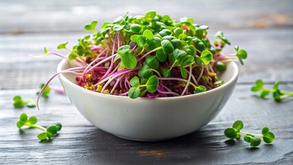 Micro greens superfood. Green sunflower sprouts close up in a bowl. Germination sprouting and healthy eating and living. Gardening at home kitchen concept. Microgreens food. Copy space
