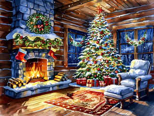 Cozy Christmas interior featuring a decorated fireplace, tree, and festive decorations in winter