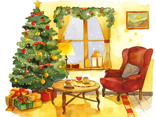Obraz premium Cozy Christmas interior with a decorated tree, gifts, and warm lighting in a snowy setting
