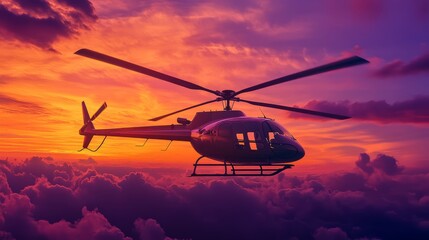 Helicopter Flying at Sunset Over Dramatic Clouds