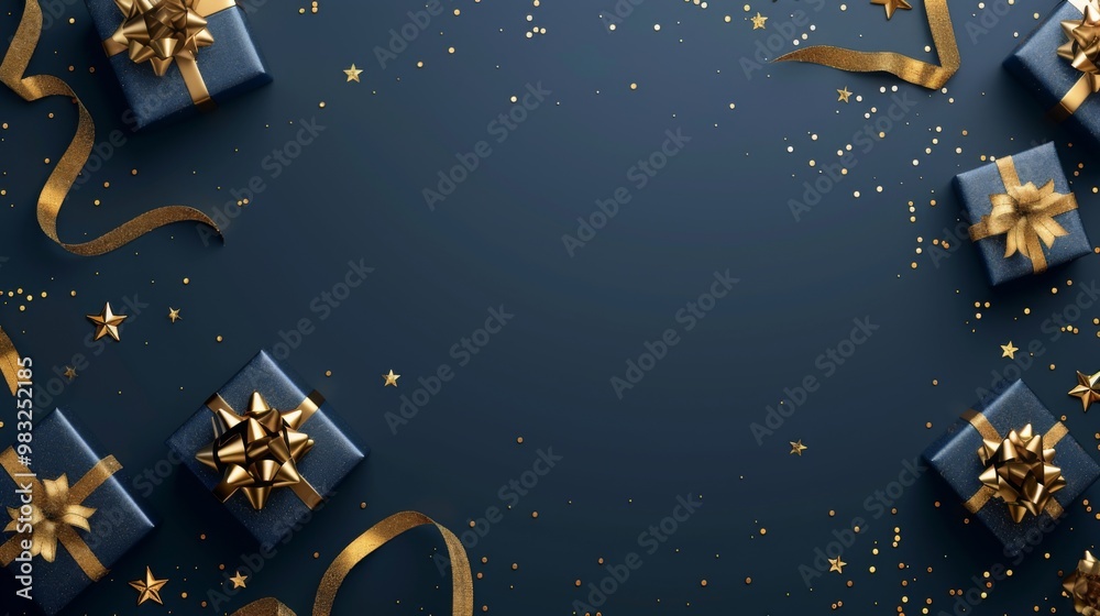 Wall mural illustration of blue gifts with golden bows and ribbons placed on blue background near stars