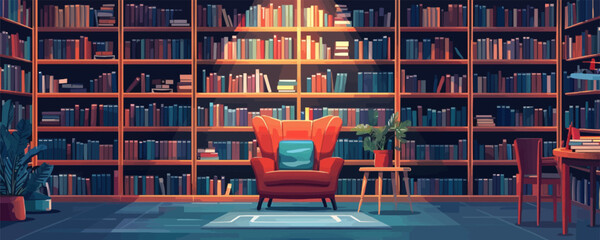 Modern bookstore interior with shelves of books and cozy reading nooks Vector flat minimalistic isolated illustration