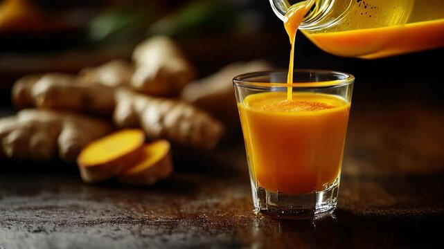 Cold-pressed ginger turmeric shot of juice being poured into a glass, highlighting a vibrant blend of fresh ingredients for a healthy and revitalizing drink. Video made using Generative AI