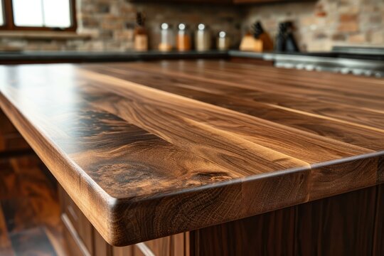 Luxurious custom-designed elegant wooden kitchen countertop with polished wood texture for modern interior home design and contemporary residential decor