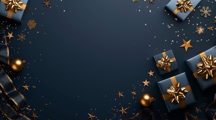 Fototapeta premium illustration of blue gifts with golden bows and ribbons placed on blue background near stars