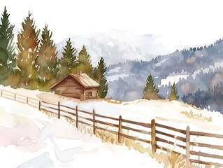A tranquil winter landscape featuring a cozy cabin and a snow-covered fence in a mountainous setting