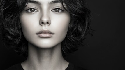 Fototapeta premium A young woman stands confidently with wavy hair, showcasing her striking features in a darkened space