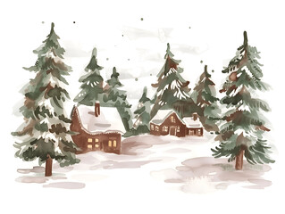 Fototapeta premium A tranquil watercolor winter landscape featuring cozy cabins surrounded by snow-covered trees