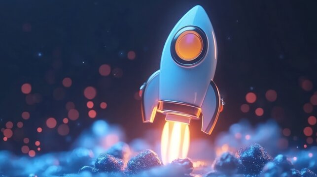 A small rocket takes off from a rocky terrain, emitting bright flames and surrounded by shimmering particles in space