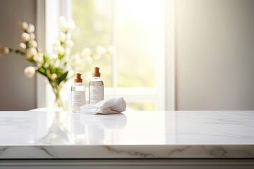 Table with marble stone counter top, blurred white bathroom backdrop, display for product presentation
