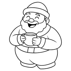 coloring pages for kids, bold line art, Santa Claus laughing with his belly jiggling, holding a mug of hot cocoa.