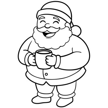 recommend clip art: coloring pages for kids, bold line art, Santa Claus laughing with his belly jiggling, holding a mug of hot cocoa.