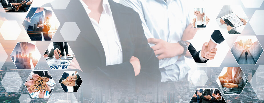 Teamwork and human resources HR management technology concept in corporate business with people group networking to support partnership, trust, teamwork and unity of coworkers in office vexel