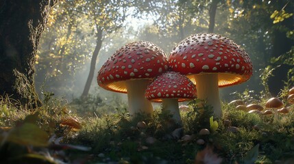 Three vibrant red fairy mushrooms with white spots glow softly in a misty forest setting, surrounded by lush greenery
