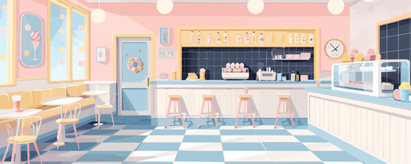 Vintage ice cream parlor with pastel-colored decor. Vector flat minimalistic isolated illustration.