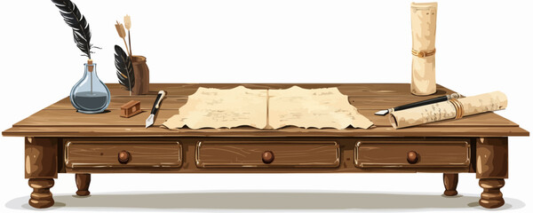 Fototapeta premium Writing desk with quill pen and parchment paper on a white background. Vector flat isolated illustration.