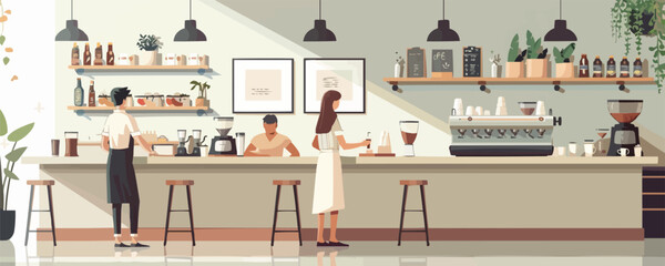 Modern coffee shop interior with barista and customers Vector flat minimalistic isolated illustration