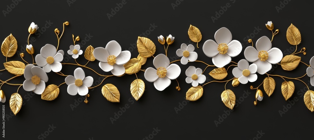 Wall mural A luxury floral background displaying white flowers with golden leaves on a black background.