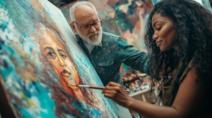 Fototapeta premium A refined elderly Latino man and a Black woman collaborate on a colorful canvas in a bright art studio