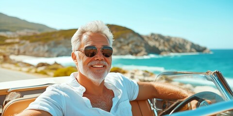 A refined elderly man wearing aviator sunglasses drives a classic convertible car along a scenic coastal road with the wind blowing through his hair