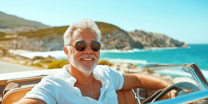 A refined elderly man wearing aviator sunglasses drives a classic convertible car along a scenic coastal road with the wind blowing through his hair