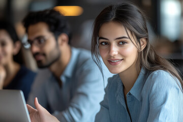 Multiethnic couple of positive colleagues talking at laptop, working together in co-working space, discussing creative ideas for project, watching online video presentation