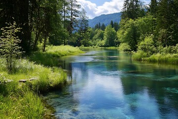 Fototapeta premium Tranquil blue river in a lush green forest. Nature, serenity, tranquility, and beauty.