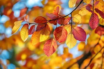 Fototapeta premium Autumn Leaves Changing Colors, Fall Foliage Branch Macro