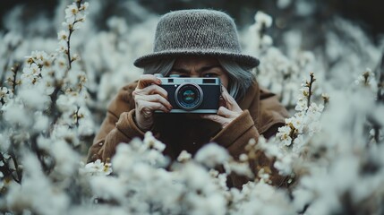 An elderly woman with a stylish hat and chic hairstyle holds a vintage camera, surrounded by blooming flowers in a pastel-colored garden