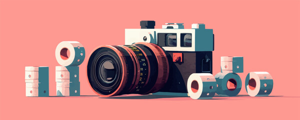 Obraz premium Vintage film camera and rolls of film on a white tabletop. Vector flat isolated illustration.