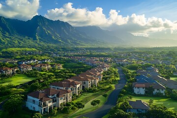 Obraz premium Aerial view of luxury homes in a tropical valley with mountains in the background