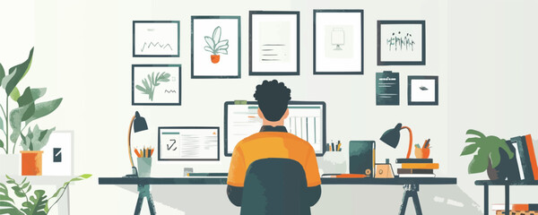 A graphic designer creating visual communication, using typography, imagery, and layout on a white background. Vector flat minimalistic isolated illustration.