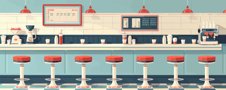 Retro diner counter with stools and milkshakes Vector flat minimalistic isolated illustration