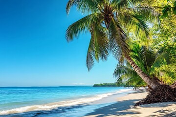 Fototapeta premium Tropical beach with palm tree and clear blue water on sunny day